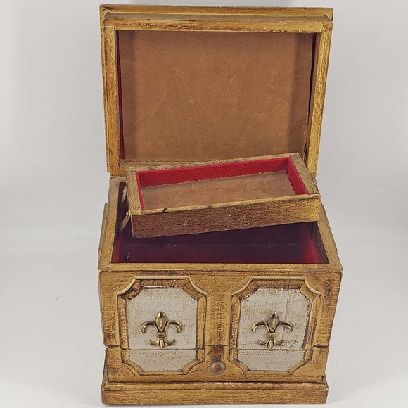 Vintage hand painted tole style wood gold jewelry music box - Picture 5 of 7